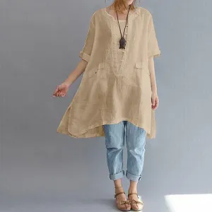 Leisure Trendy Women's Linen Cotton O-neck Short Sleeve Baggy Tops