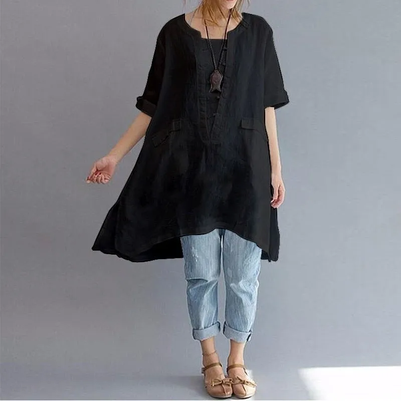 Leisure Trendy Women's Linen Cotton O-neck Short Sleeve Baggy Tops