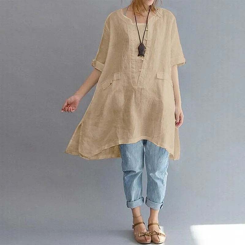 Leisure Trendy Women's Linen Cotton O-neck Short Sleeve Baggy Tops