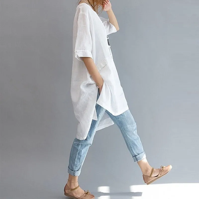 Leisure Trendy Women's Linen Cotton O-neck Short Sleeve Baggy Tops