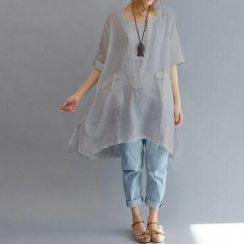 Leisure Trendy Women's Linen Cotton O-neck Short Sleeve Baggy Tops