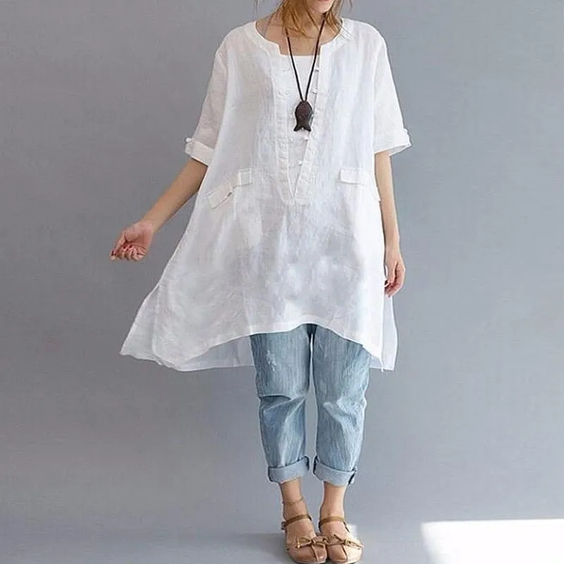 Leisure Trendy Women's Linen Cotton O-neck Short Sleeve Baggy Tops