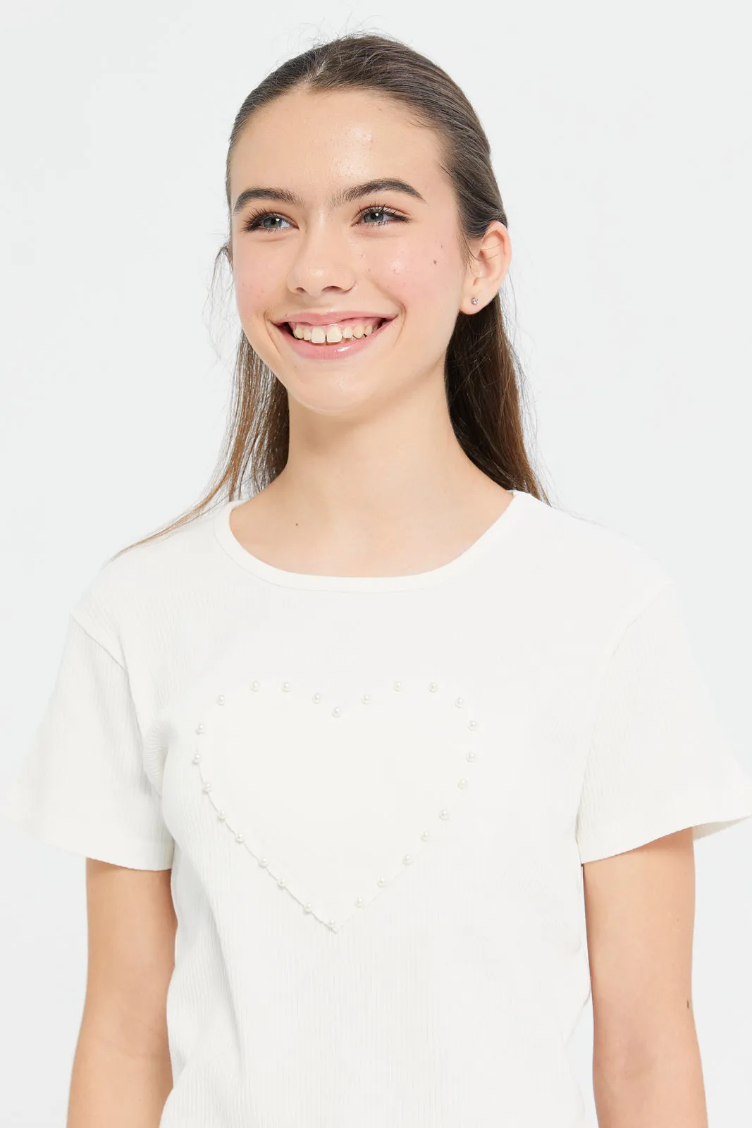 Senior Girls White Rib Top With Pearls