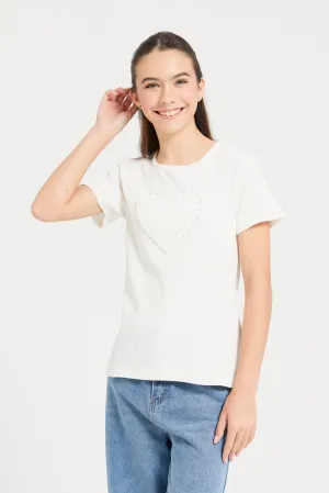 Senior Girls White Rib Top With Pearls