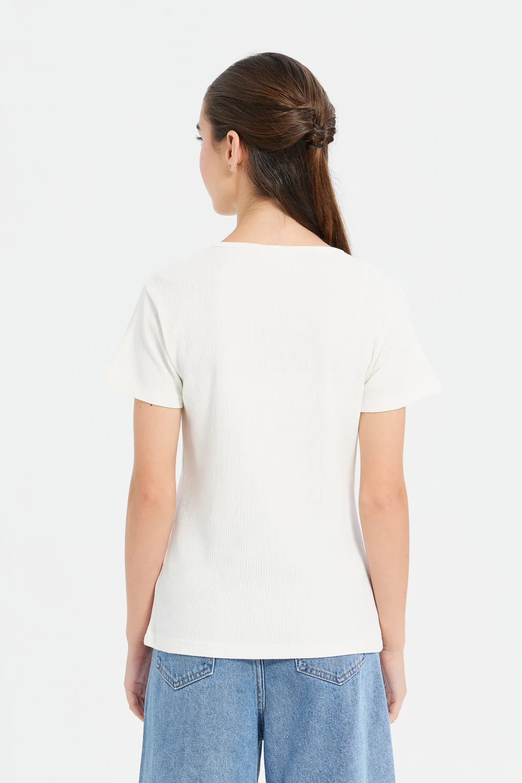 Senior Girls White Rib Top With Pearls