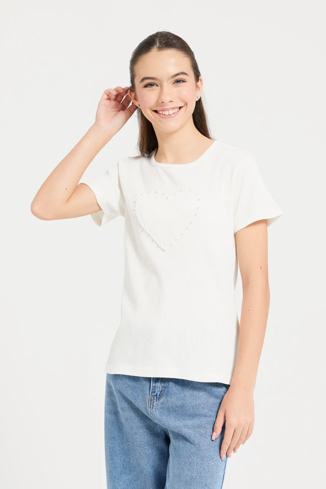 Senior Girls White Rib Top With Pearls