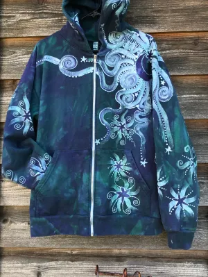 Teal and Purple Tree of Life Handcrafted Batik Zipper Hoodie - Size LARGE