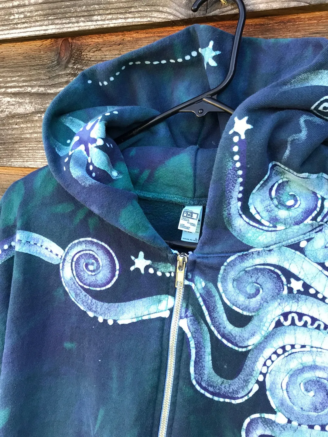 Teal and Purple Tree of Life Handcrafted Batik Zipper Hoodie - Size LARGE