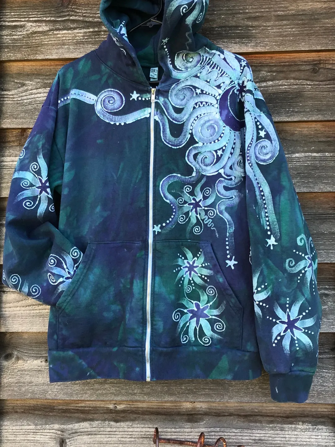 Teal and Purple Tree of Life Handcrafted Batik Zipper Hoodie - Size LARGE