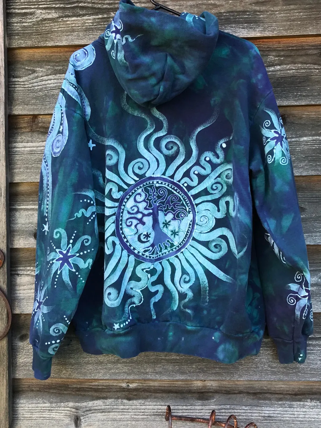 Teal and Purple Tree of Life Handcrafted Batik Zipper Hoodie - Size LARGE
