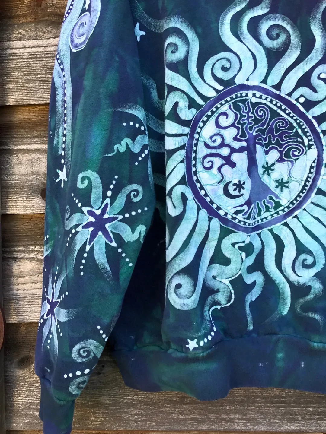 Teal and Purple Tree of Life Handcrafted Batik Zipper Hoodie - Size LARGE