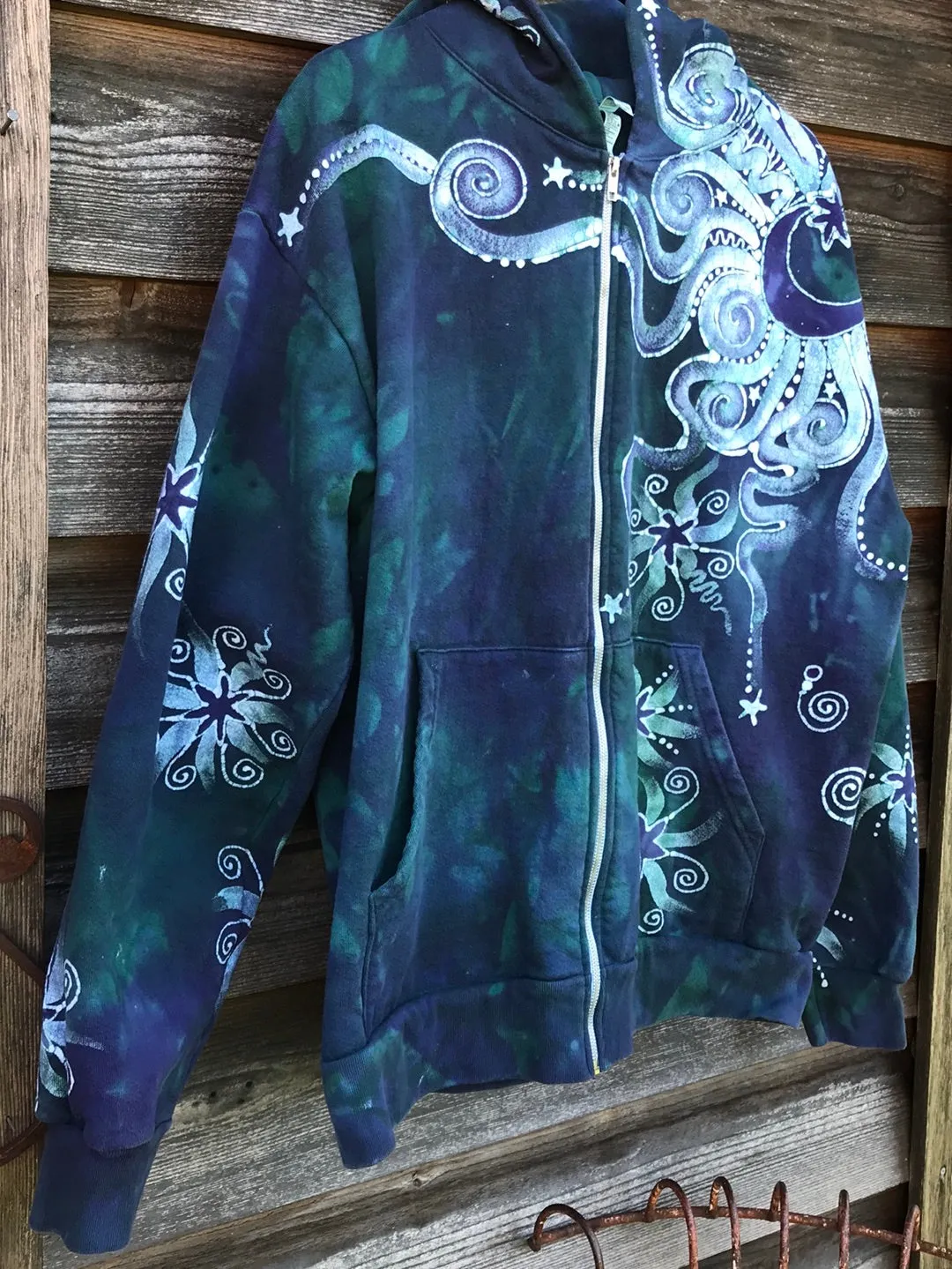 Teal and Purple Tree of Life Handcrafted Batik Zipper Hoodie - Size LARGE