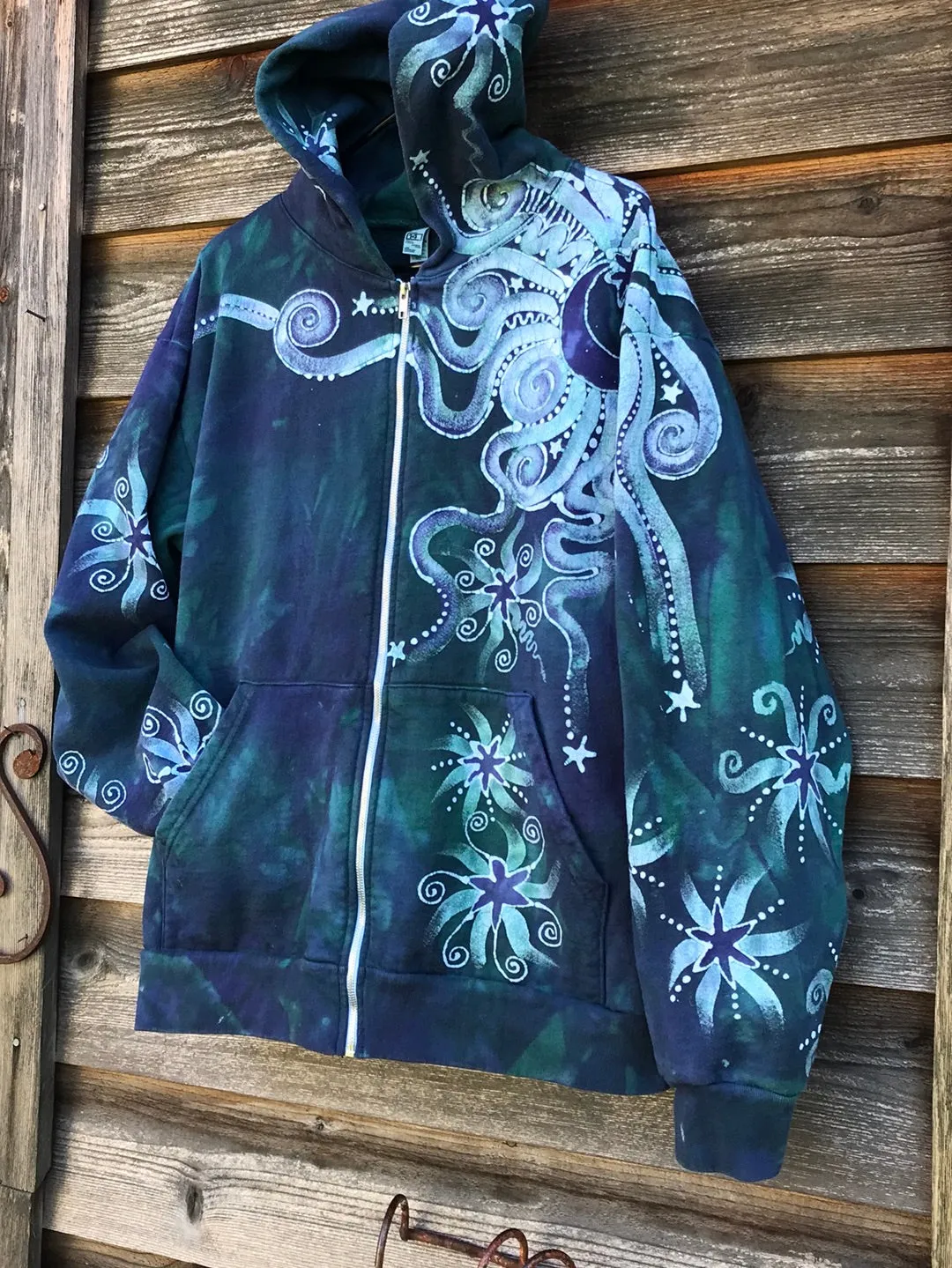Teal and Purple Tree of Life Handcrafted Batik Zipper Hoodie - Size LARGE