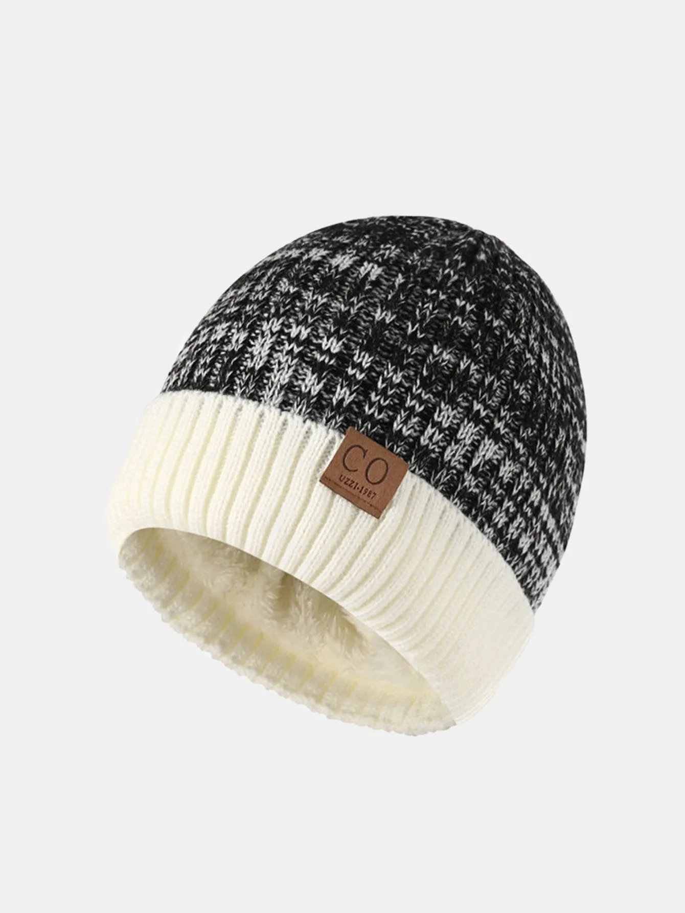 Teddy Fleece Lined Slogan Patch Knit Beanie Hat