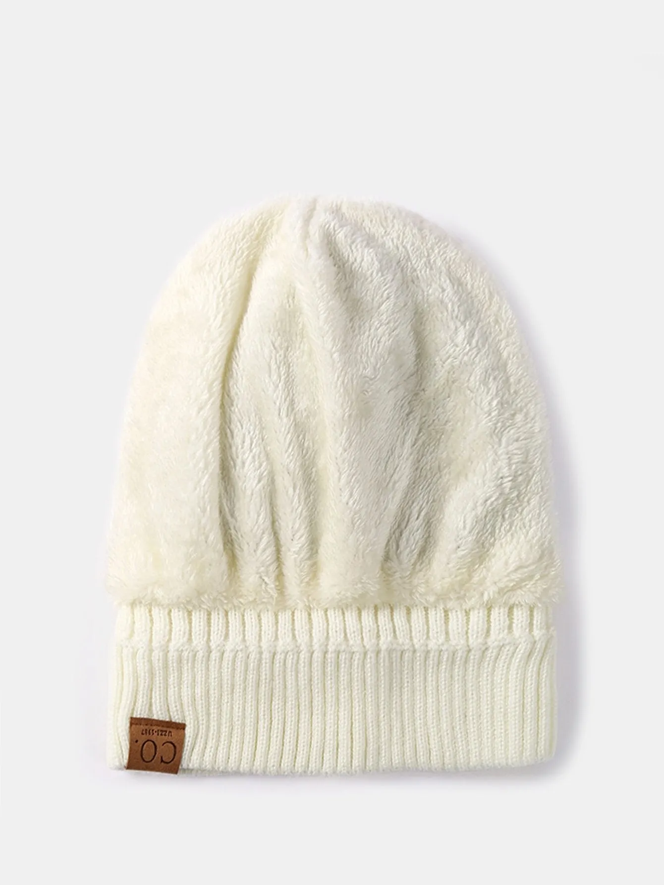 Teddy Fleece Lined Slogan Patch Knit Beanie Hat