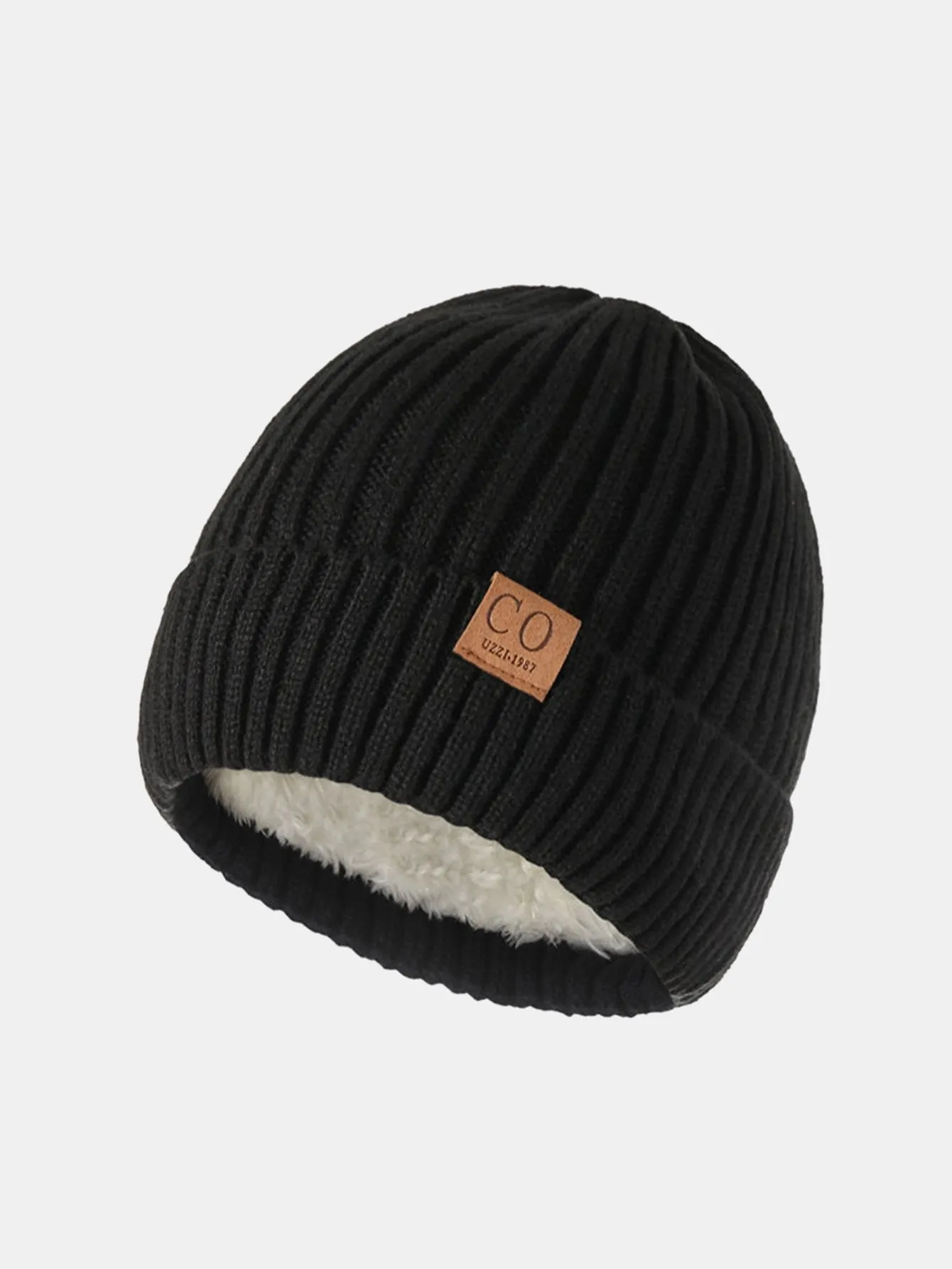 Teddy Fleece Lined Slogan Patch Knit Beanie Hat