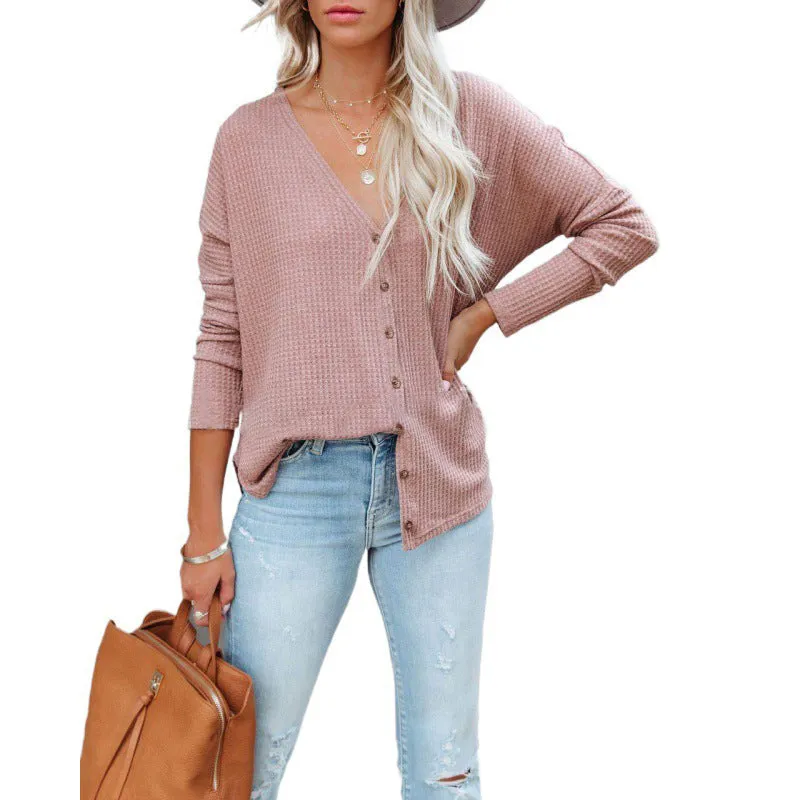 V-Neck Long-Sleeved Solid Color Cardigan Wholesale