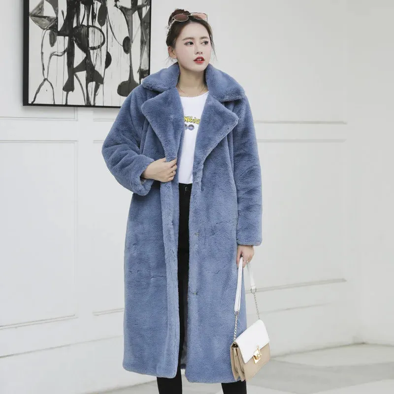 Winter Women High Quality Faux Rabbit Fur Coat Luxury Long Fur Coat Loose Lapel OverCoat Thick Warm Plus Size Female Plush Coats
