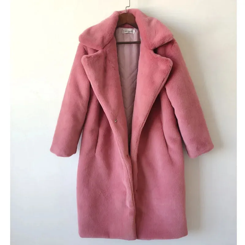 Winter Women High Quality Faux Rabbit Fur Coat Luxury Long Fur Coat Loose Lapel OverCoat Thick Warm Plus Size Female Plush Coats
