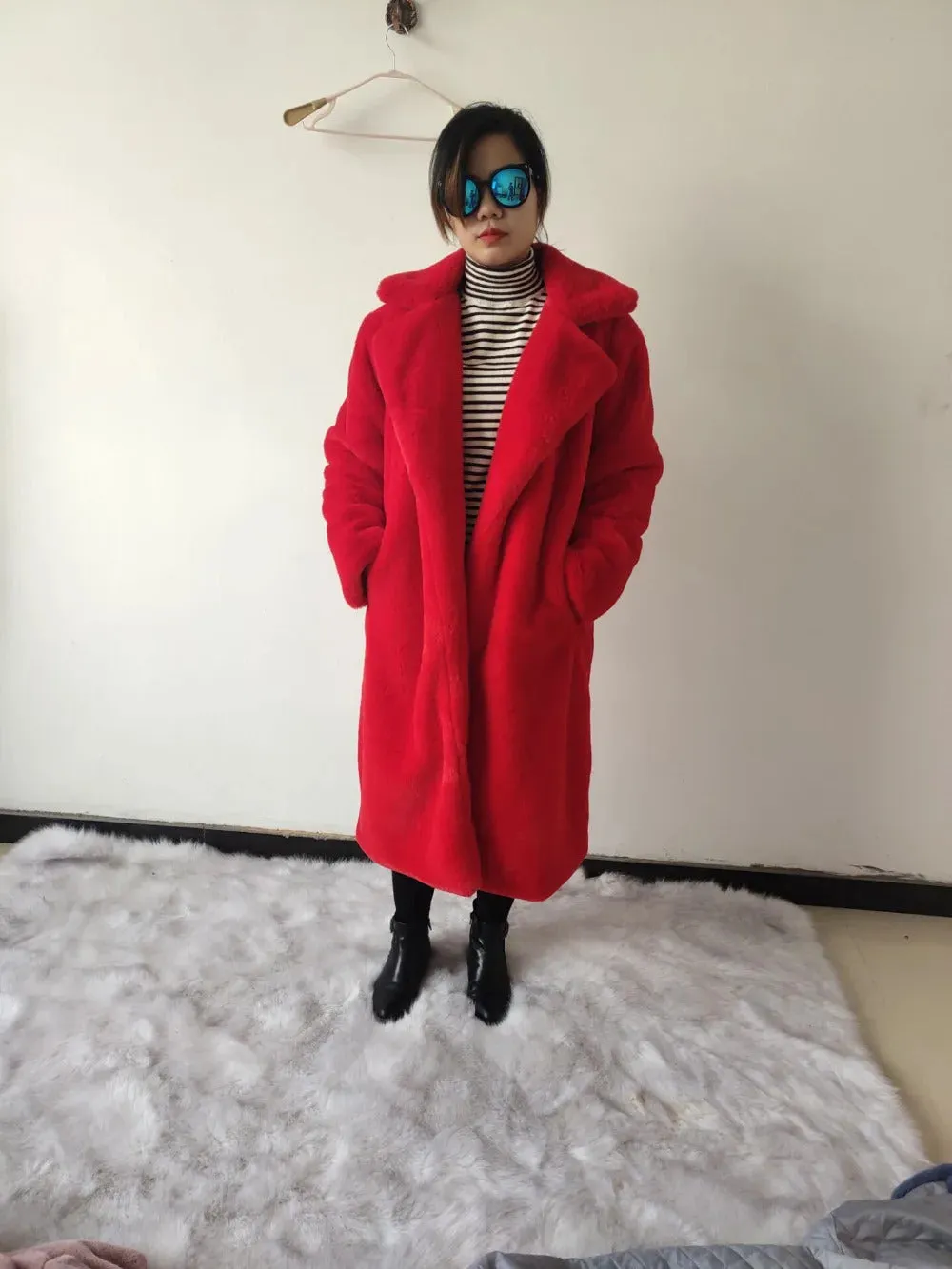 Winter Women High Quality Faux Rabbit Fur Coat Luxury Long Fur Coat Loose Lapel OverCoat Thick Warm Plus Size Female Plush Coats